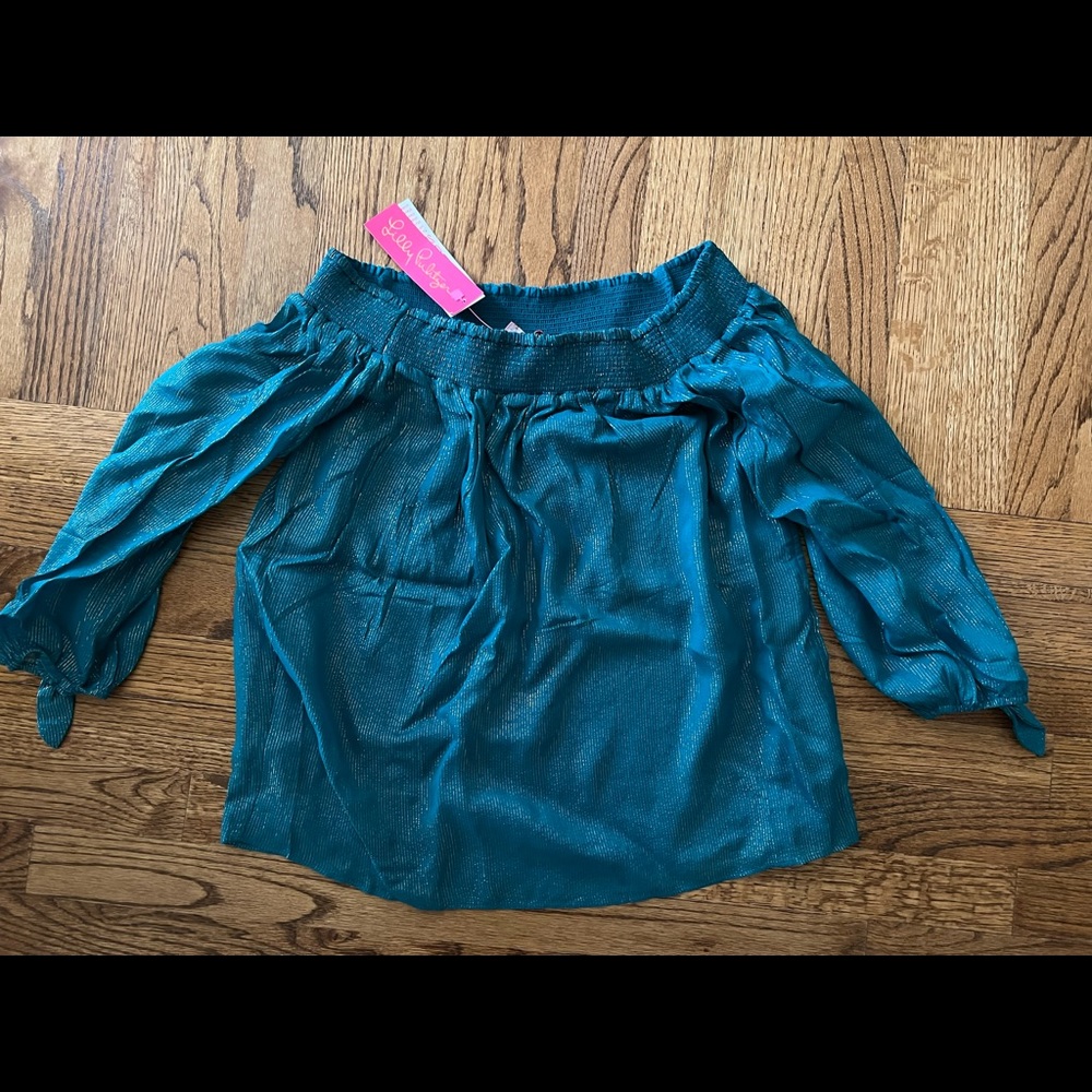NWT Lilly Pulitzer womens off the shoulder teal shirt Sz S